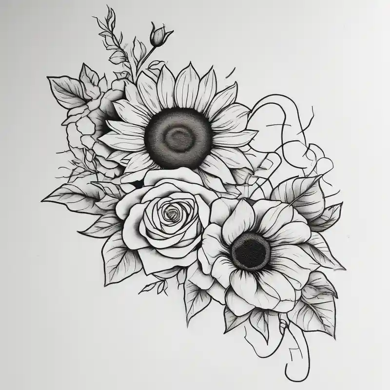 sunflower and roses floral sleeve tattoo cute tattoo idea